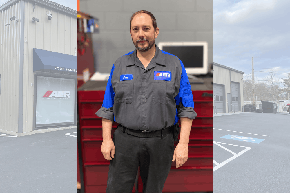 Shop foreman Eric Fugere at Advanced European Repair. Image of Eric in technician uniform inside the Franklin, MA auto repair shop.